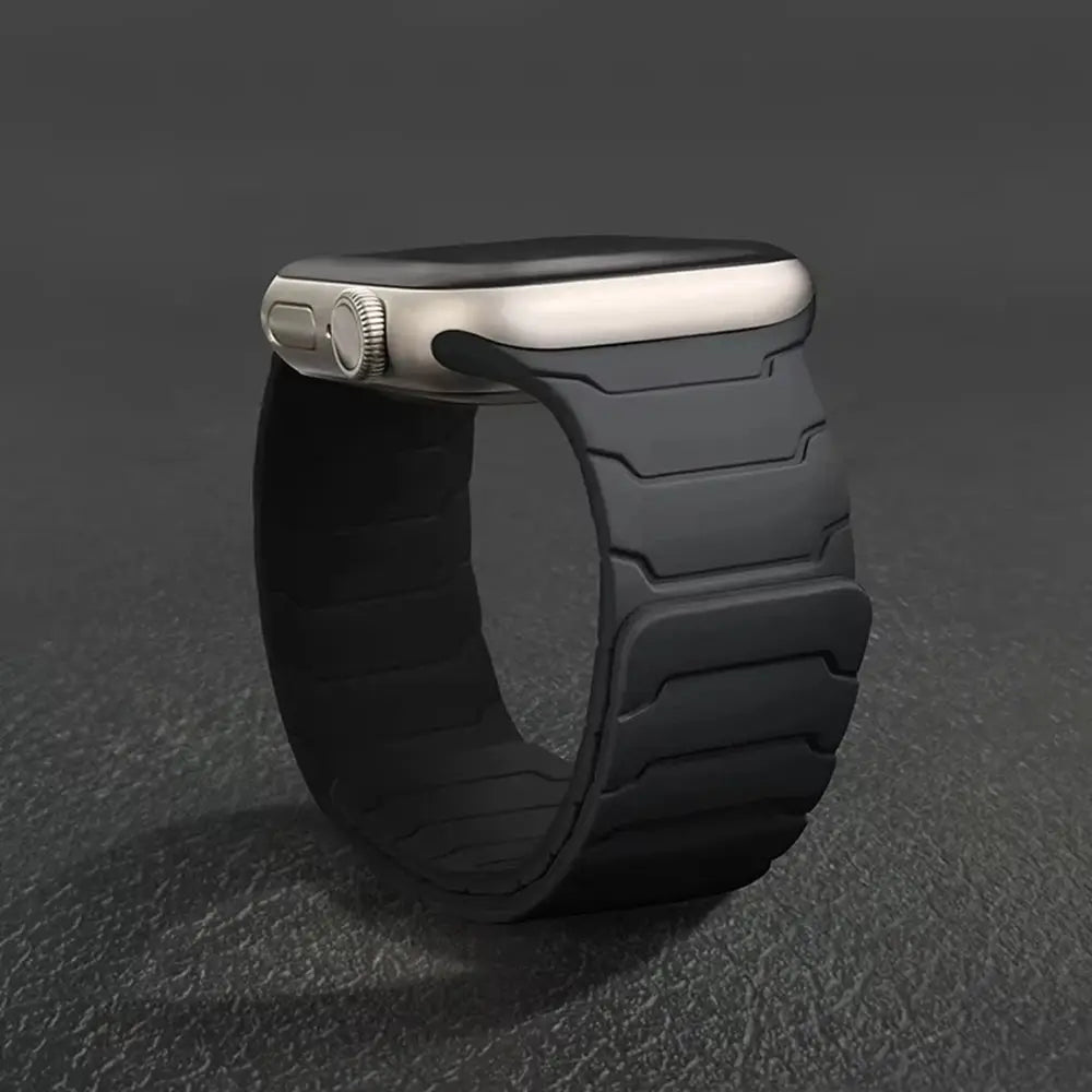 Simples Market silicone magnetic strap for Apple Watch, black band with magnetic clasp; fits 44–49mm.