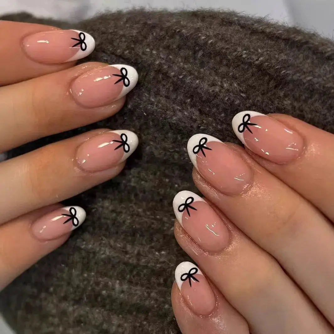 LuxeNail White French Press On Nails 3D Bowknot Full Cover Tips Durable 24Pcs DIY Manicure Set