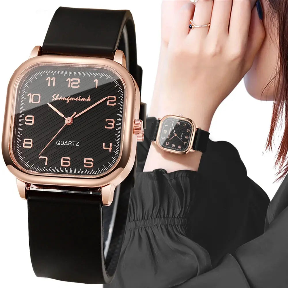 Simples Market fashion square women’s quartz watch with rose-gold case and black silicone strap