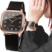 Simples Market fashion square women’s quartz watch with rose-gold case and black silicone strap