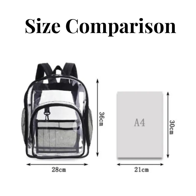 Backpack transparent waterproof; Simples Market clear, large-capacity school bag with black trim, shown beside A4 card