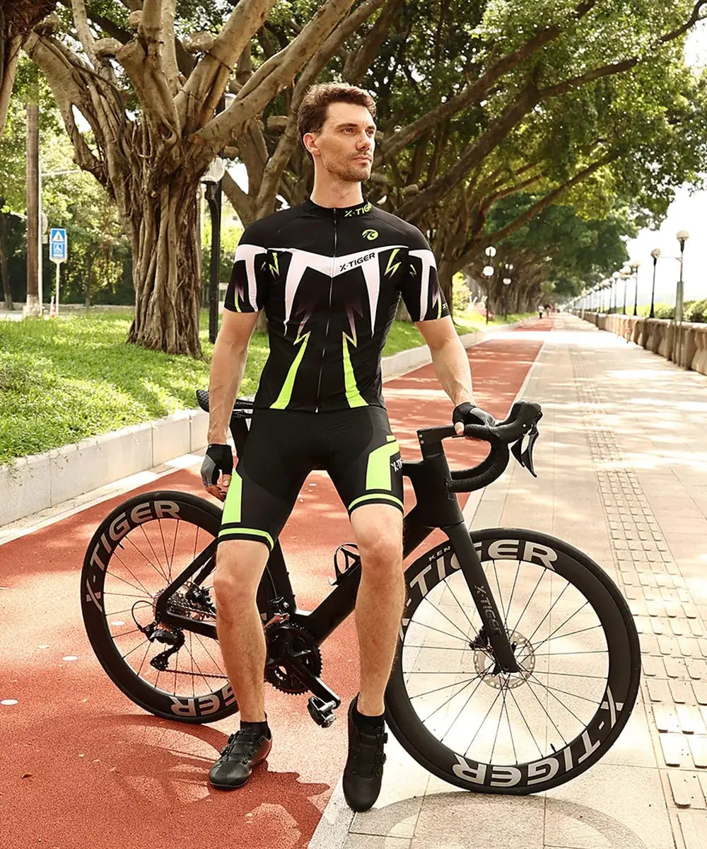 X-TIGER men's cycling shorts with gel pad, black with lime-green accents, Simples Market