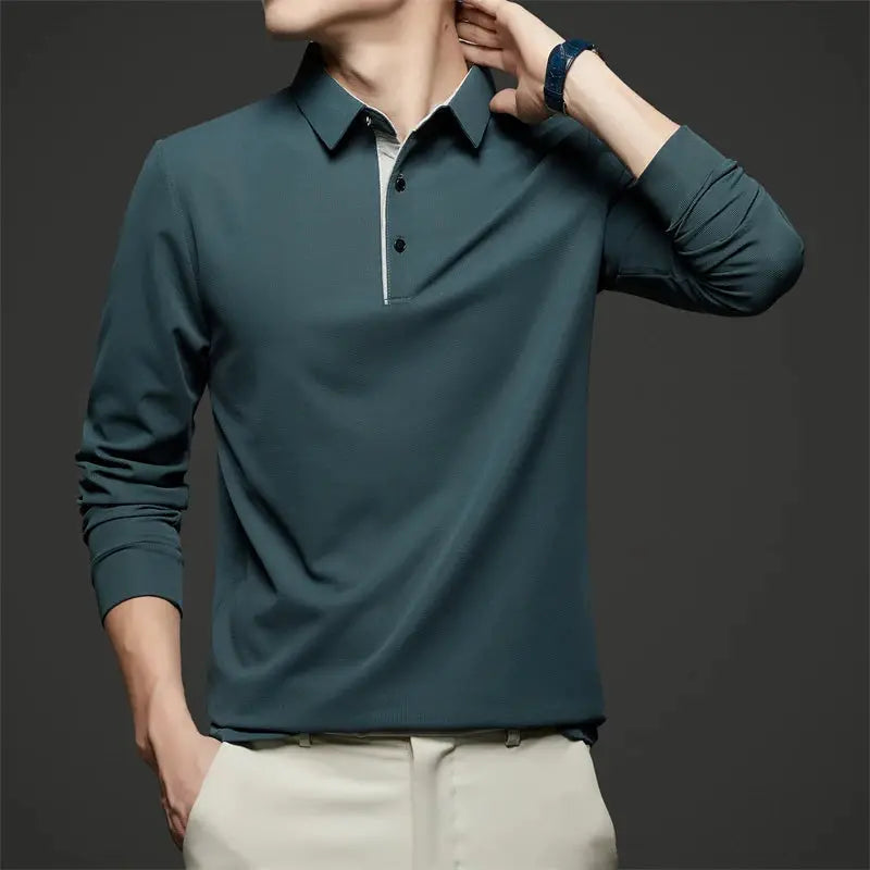 Men's long-sleeve polo shirt by Simples Market in teal, solid color, business casual top