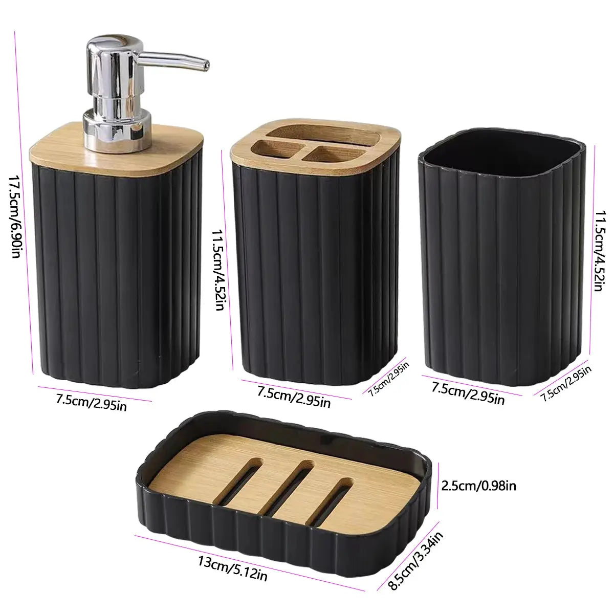 Simples Market 4-piece bathroom set: black ribbed dispenser, toothbrush cup, soap holder and wooden tray