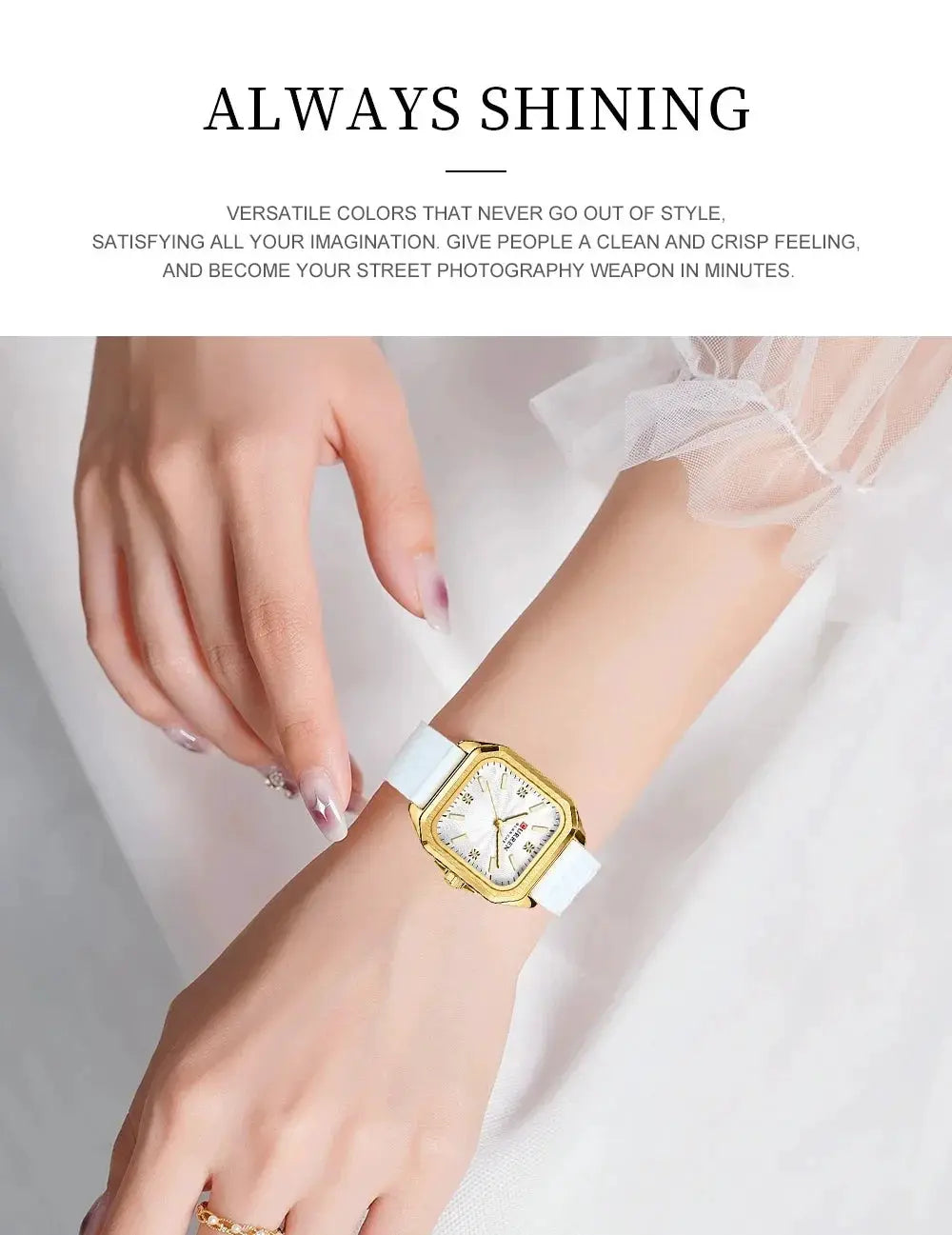 CURREN 9113 ladies' quartz wristwatch with white strap and gold square case.