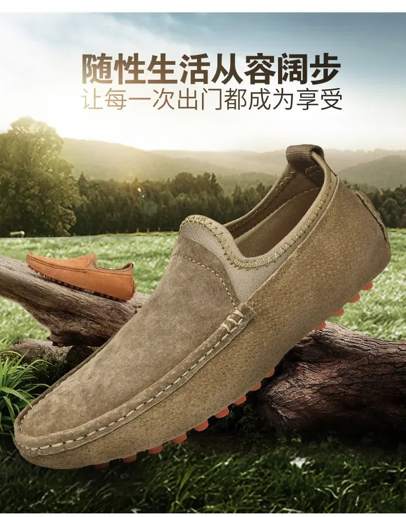 Men's driving shoe by Simples Market in taupe suede; two handmade casual loafers shown outdoors