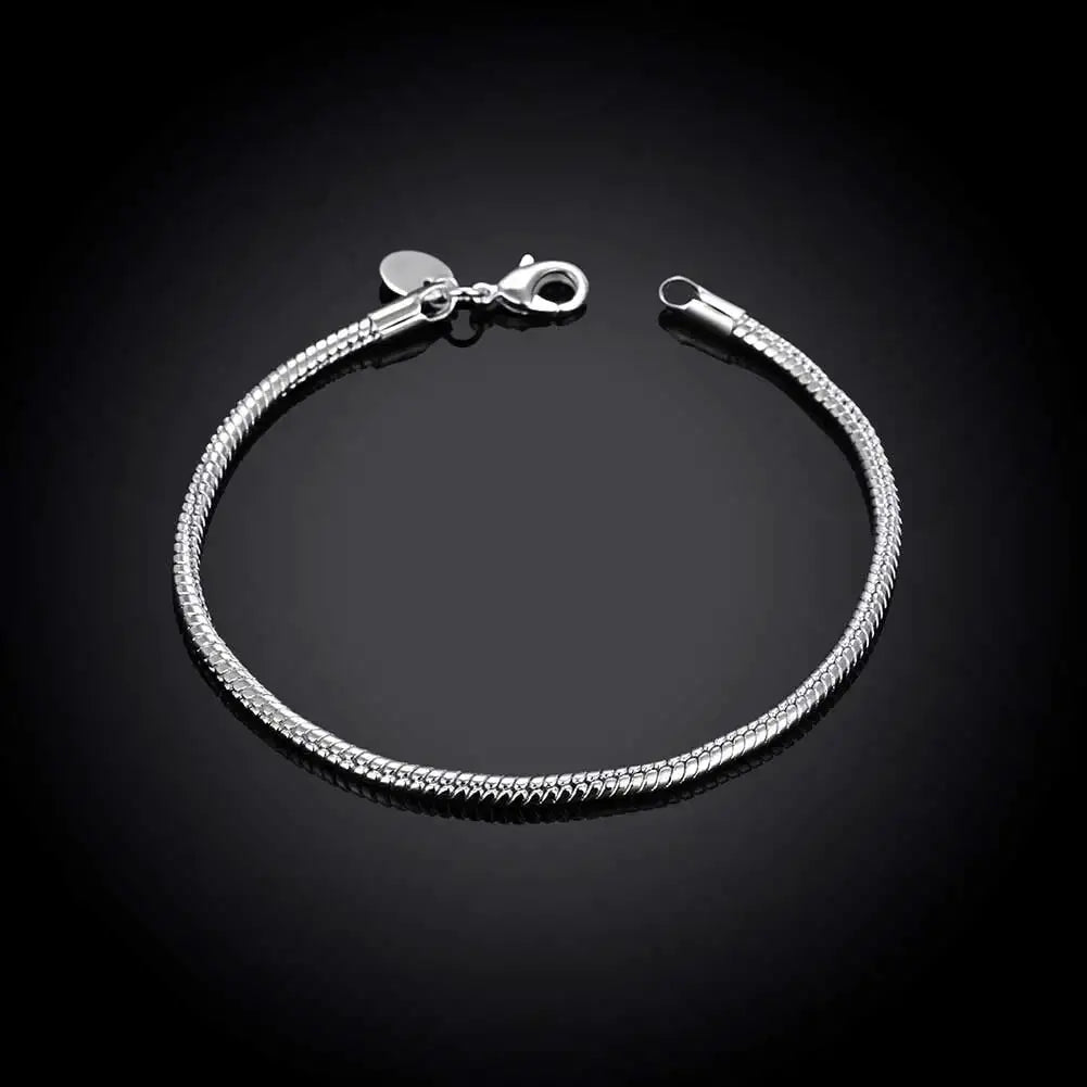 925 Sterling Silver snake chain bracelet, 3 mm wide, 16–23 cm, unisex jewelry