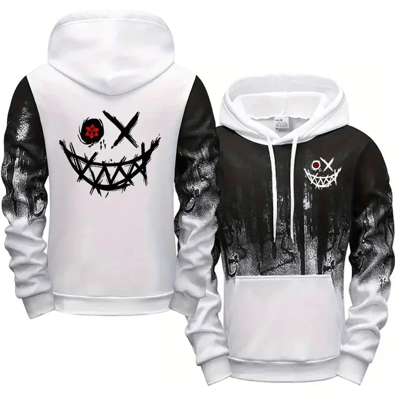 Simples Market men's black and white hoodie with ink-splatter graphics and front logo.
