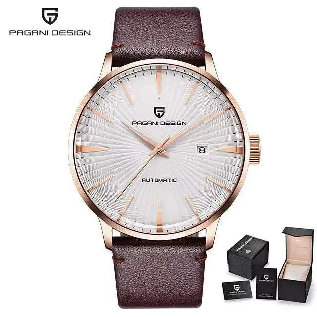 PAGANI DESIGN men's automatic wristwatch with gold-tone case, white sunburst dial, and brown leather strap