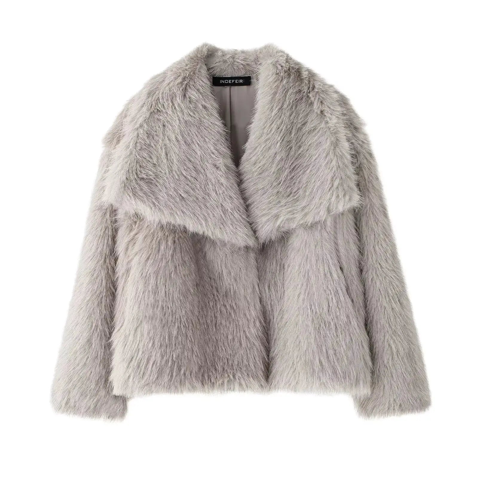 HH Women Fashion Cropped Faux Fur Jacket Coat Long Sleeve Front Snap Button Closure Lapel Collar Thick Outerwear Chic