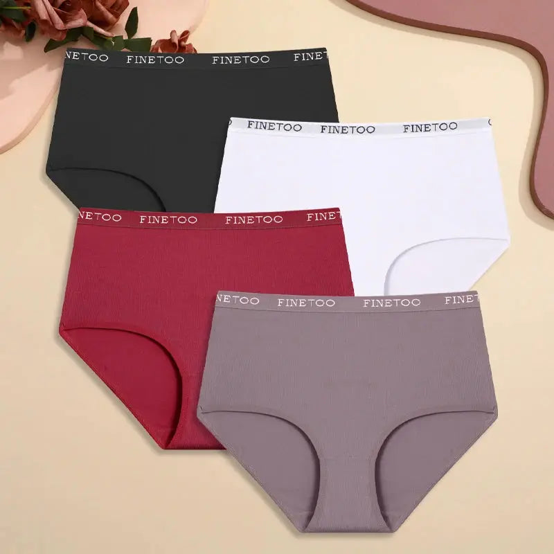 5-pc women's cotton high-waist seamless briefs set with FINETOO waistband in black, white, red, burgundy and lavender