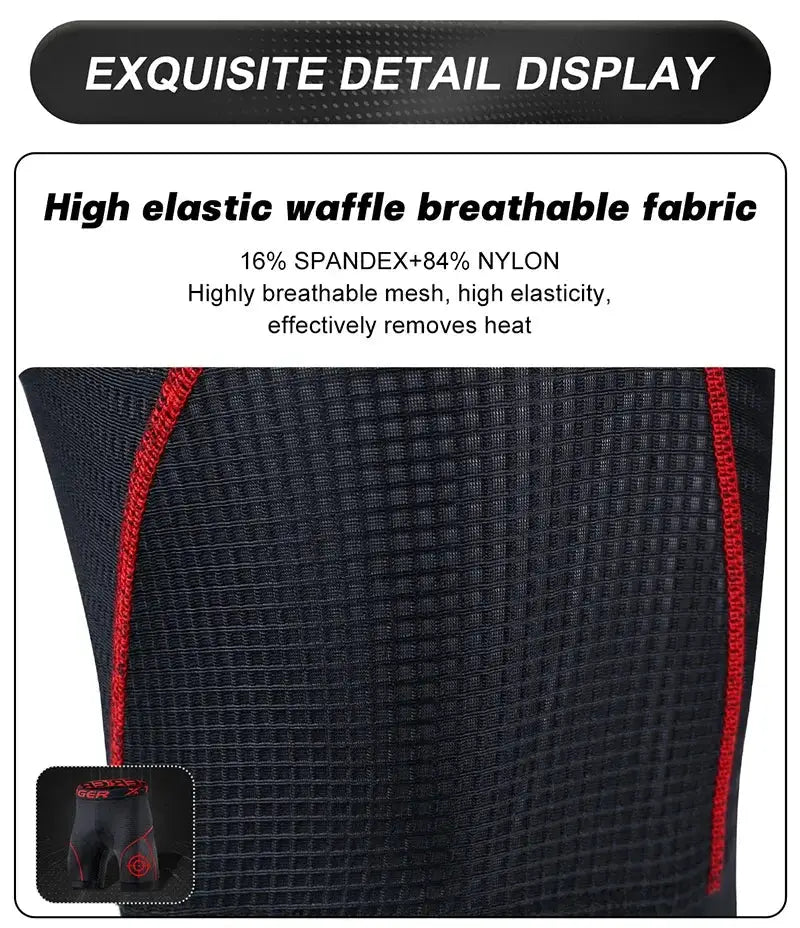 X-TIGER men's cycling liner shorts with 5D padding, breathable waffle fabric, black with red seams and anti-slip grips