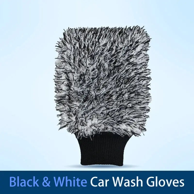 Car wash glove mitt in plush black and white fibers with non-slip cuff