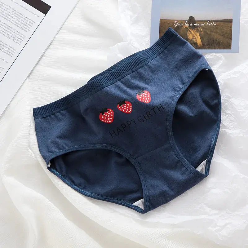 Cotton women's navy briefs with red strawberry print design, breathable underpants