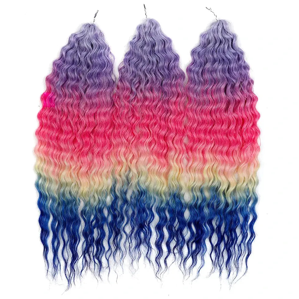 Ariel Synthetic Twist Crochet Hair bundles, 22in water-wave extensions, rainbow ombre purple to blue, Simples Market 3-pack.