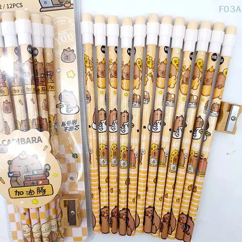 12pcs Simples Market capybara HB pencils set with beige-yellow striped wood, cartoon capybara designs, and a sharpener