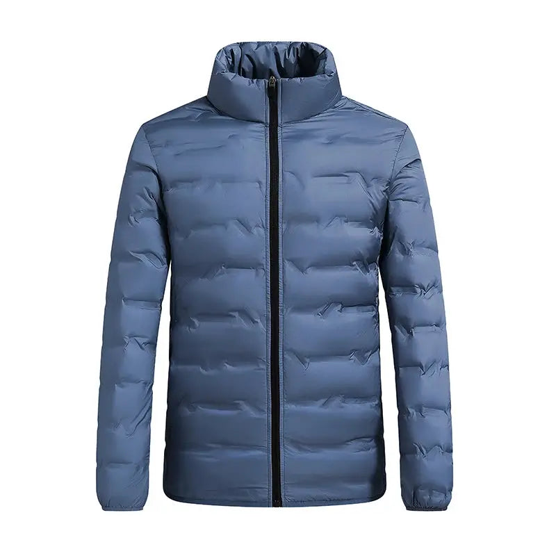 Men's blue duck-down puffer jacket with front zipper