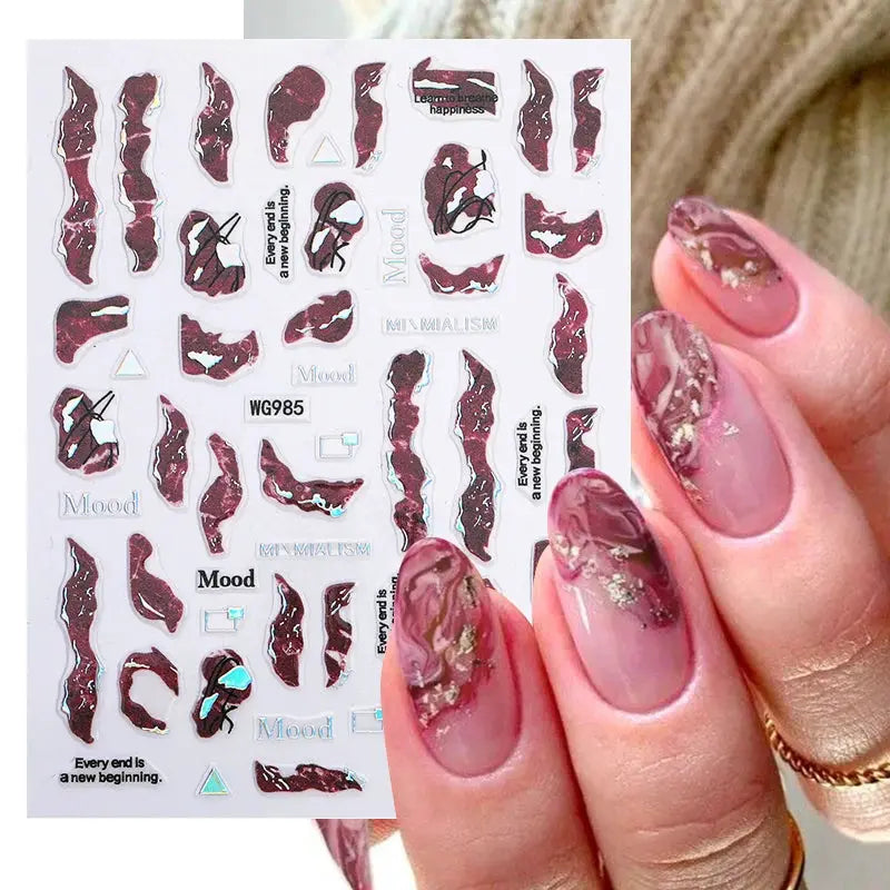Nail art decals sheet with burgundy striped geometric patterns for Y2K nails 1 piece