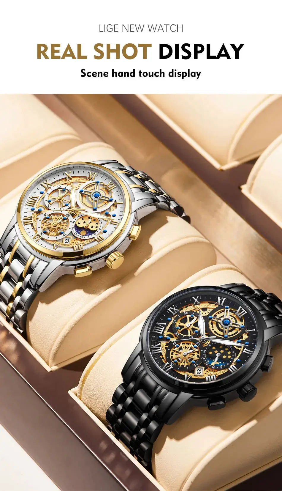 LIGE men's skeleton chronograph watch, two-tone gold/silver stainless steel band, black model, 2 watches