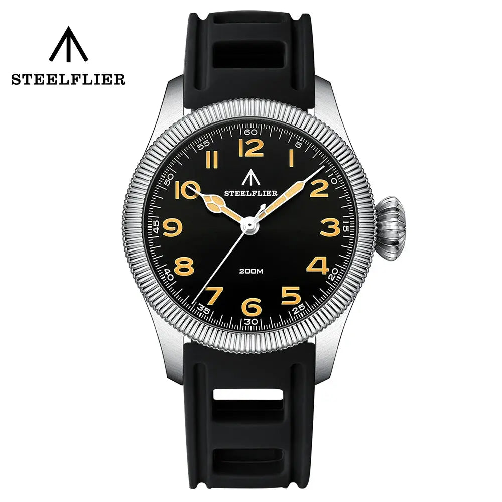 STEELFLIER wristwatch with black dial, gold numerals, silver bezel and black rubber strap, 200M water resistant