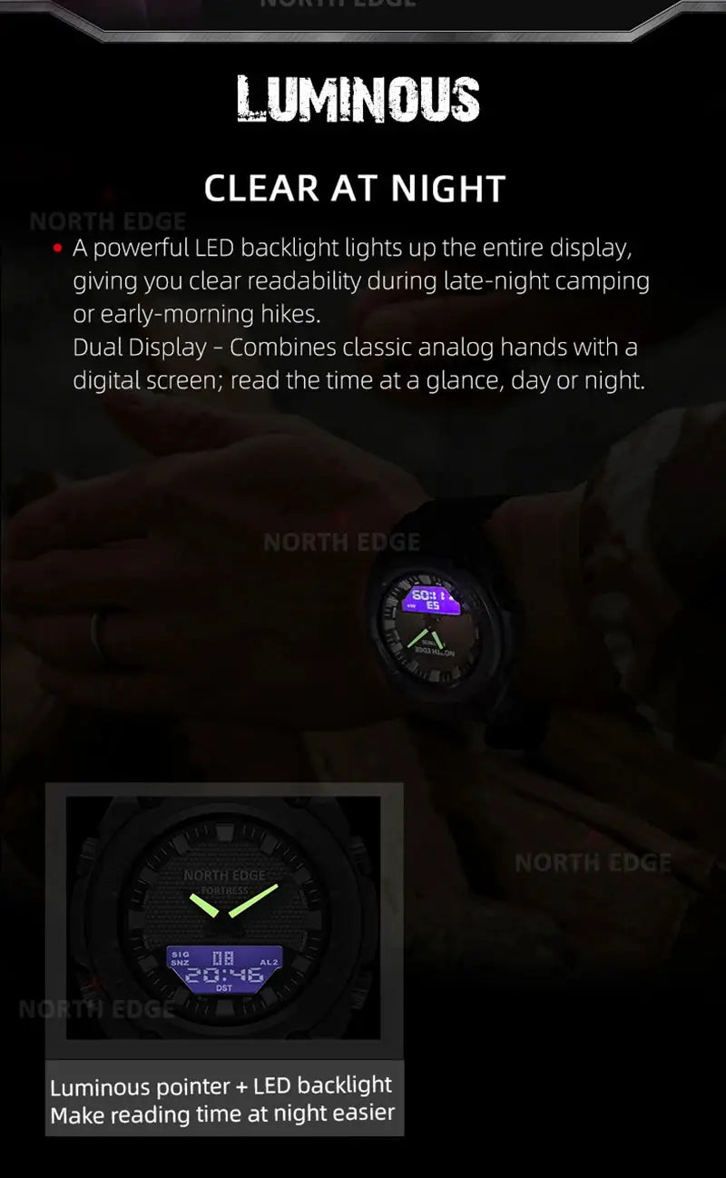 North Edge Fortress 2026 men's digital sports watch with LED backlight on a black strap
