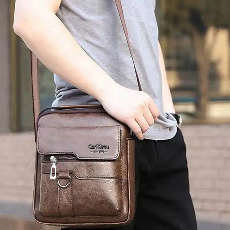 Daily Wear Vintage PU Leather Messenger Bag by Simples Market, brown with front zip pocket