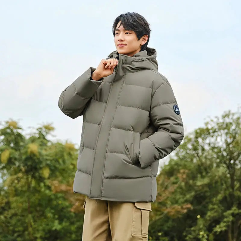 Semir men's down jacket, olive-gray hooded mid-length puffer coat by Simples Market