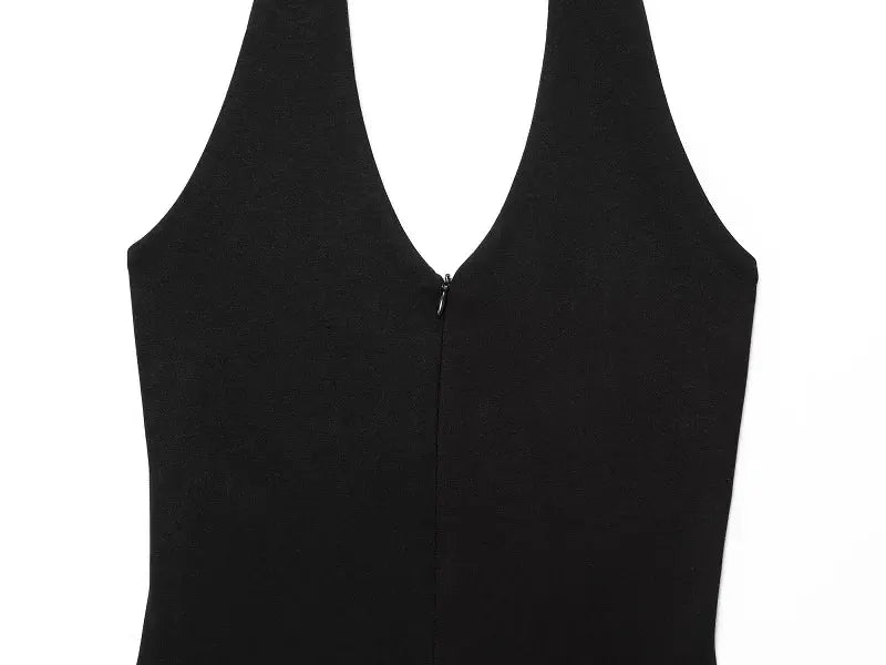 Black sleeveless jumpsuit with front center zipper and wide straps