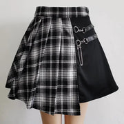 Gothic plaid pleated mini skirt with black panel and silver buckle straps, Simples Market