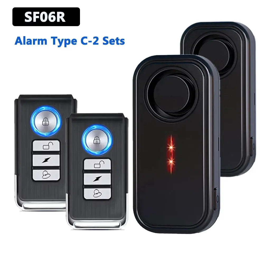 Awapow wireless vibration alarm set by Simples Market; includes 2 black remotes with blue rings and 2 black 110dB alarm units