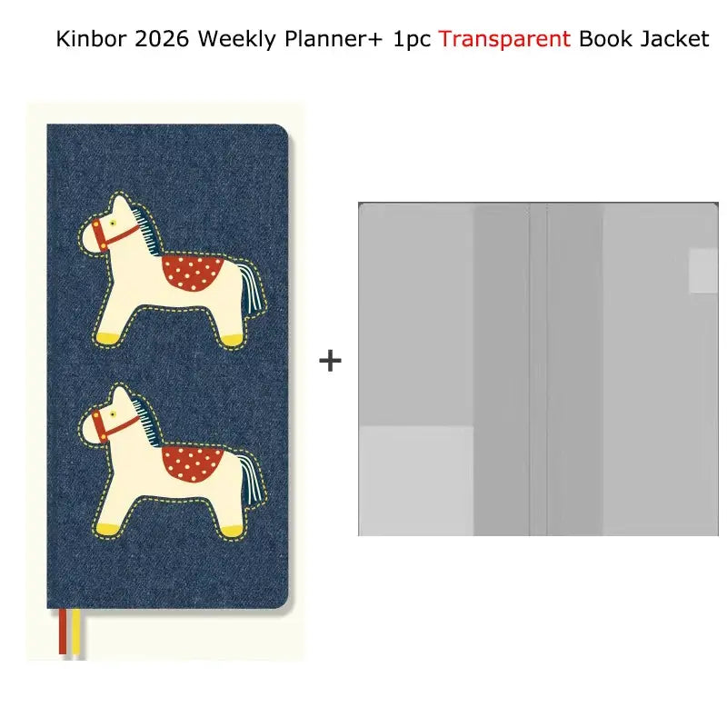 Kinbor 2026 weekly planner pocket-size notebook with a denim blue two-horse cover and a transparent jacket, 2-piece set