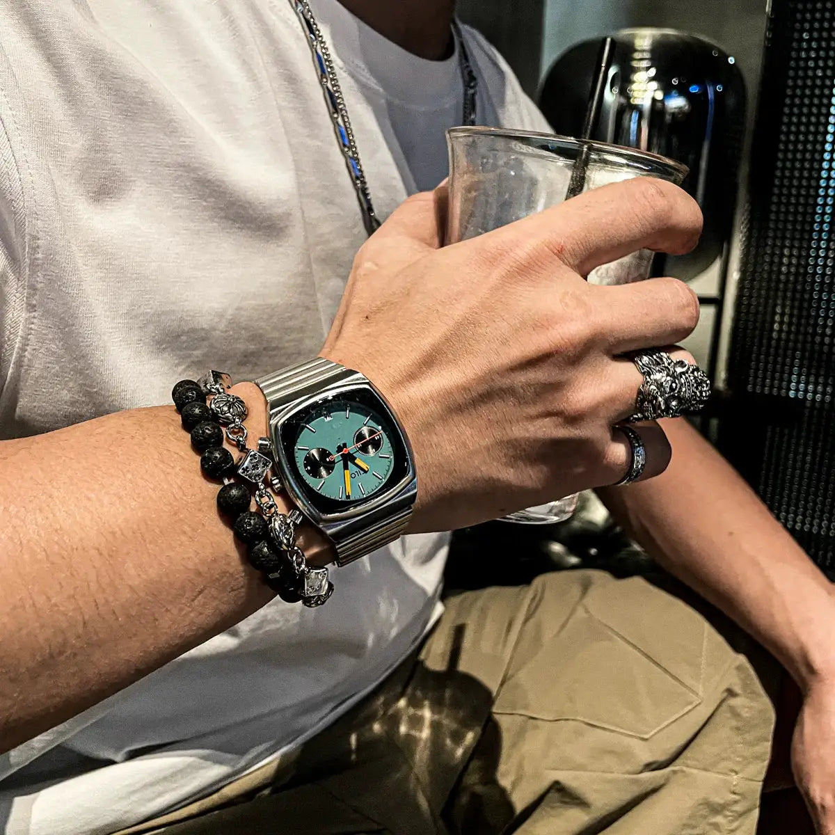CILOA men's premium stainless steel quartz watch with teal dial, two subdials, and silver bracelet