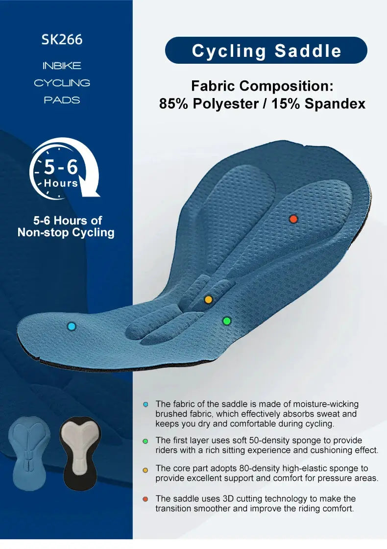 INBIKE cycling saddle pad set of 3 in blue, moisture-wicking fabric (85% polyester / 15% spandex).