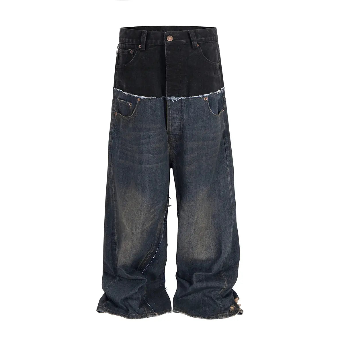 Simples Market baggy jeans with double-waist patchwork; black upper denim over blue denim, unisex straight loose fit.