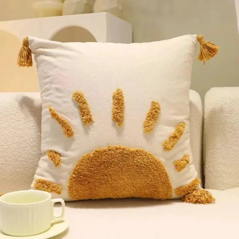 Simples Market Bohemian pillow cushion cover with sunburst embroidery and yellow tassels on white fabric