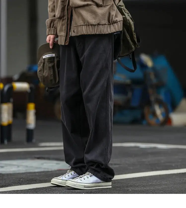 Simples Market Japanese streetwear cargo pants for men, black baggy straight-leg trousers