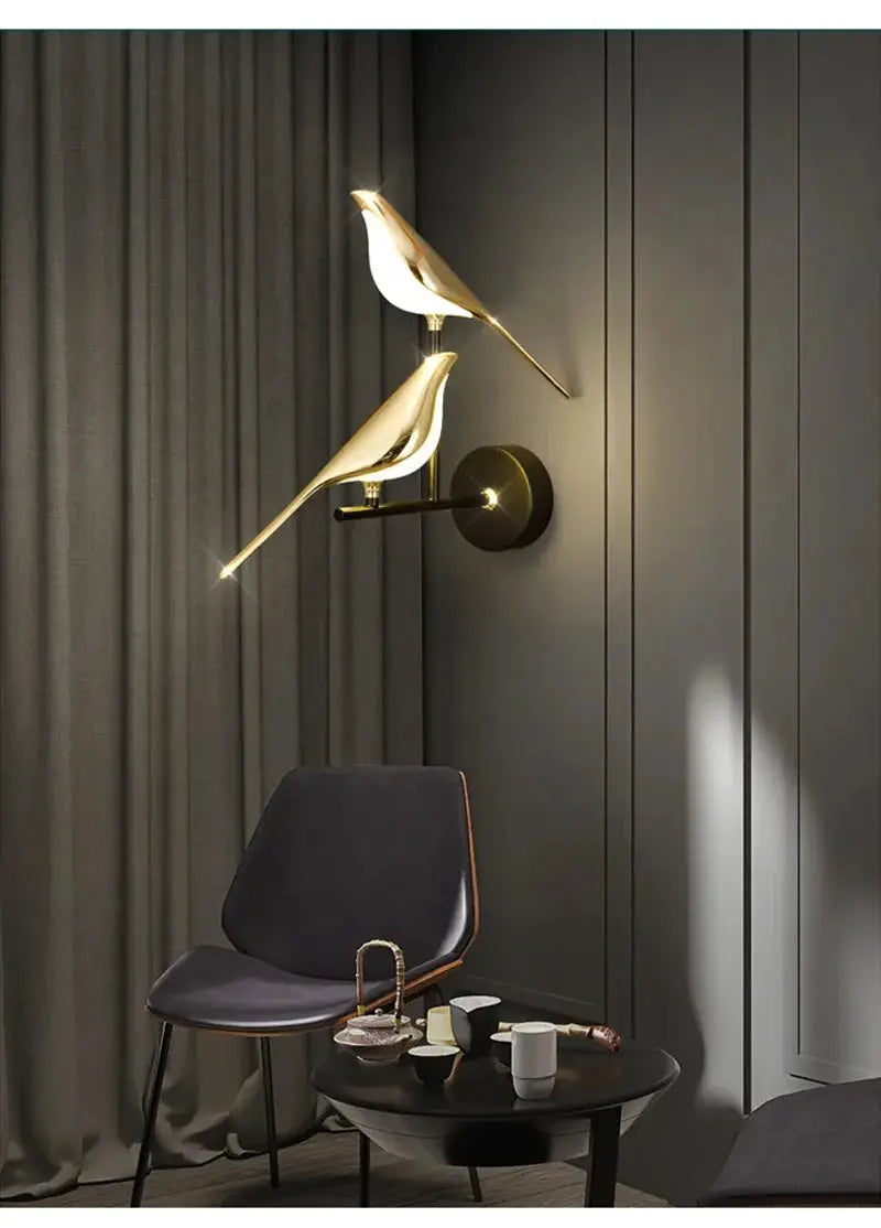 Modern LED wall lamp with two gold magpie bird accents, decorative wall sconce by Simples Market