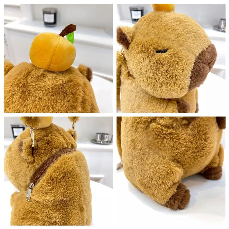 Cute plush capybara backpack with an orange fruit on its head, brown accents, and a zippered pocket