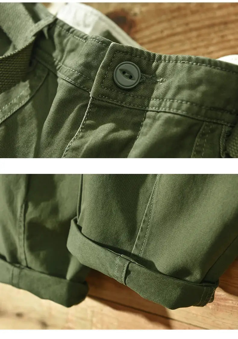Men's olive green cargo pants by Simples Market, Yu Wenle Amekaji workwear style with button waist