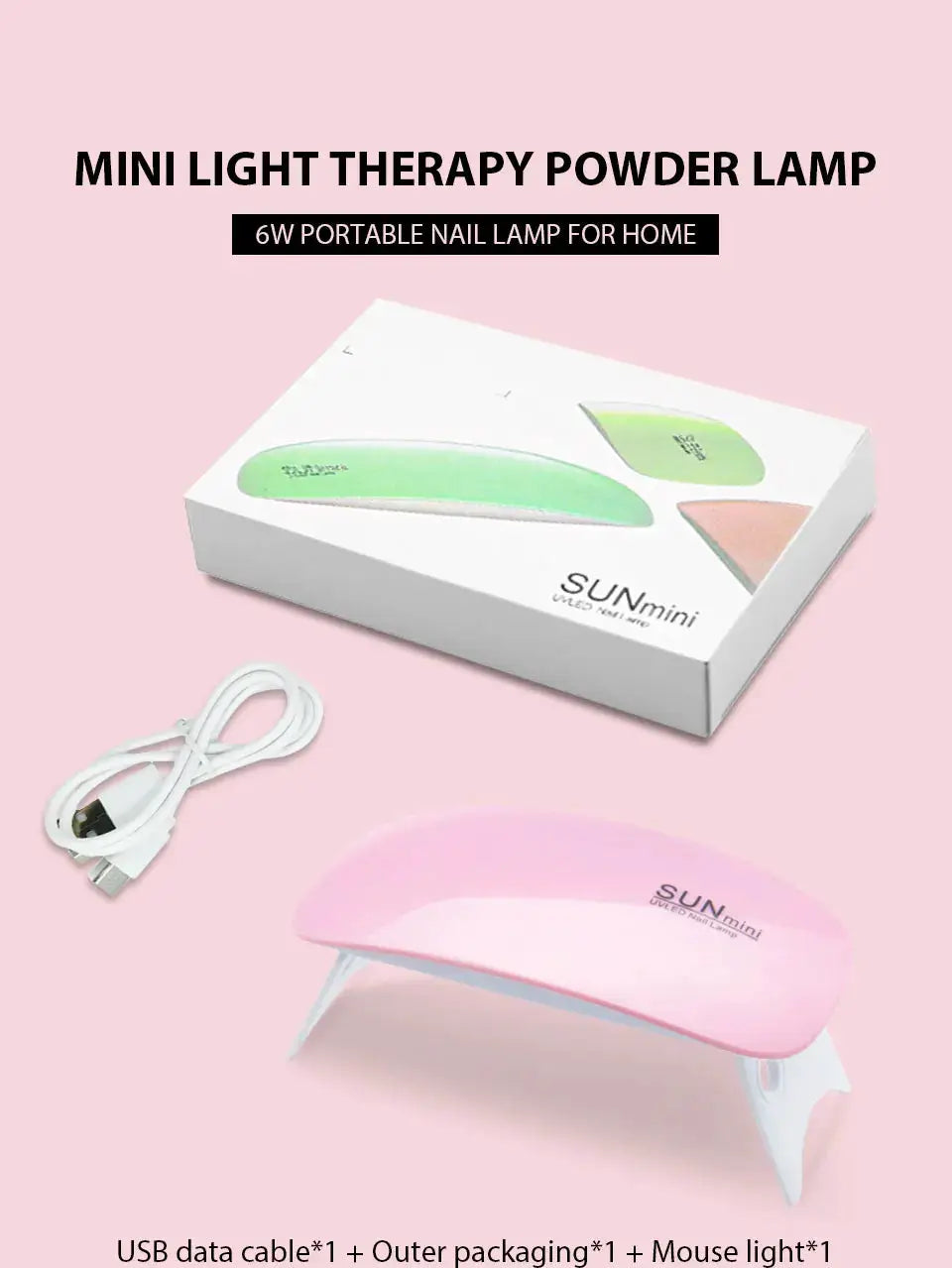 SUNmini nail lamp kit with pink UV lamp, white USB cable, and box packaging
