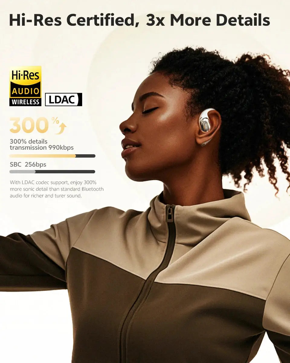 QCY Crossky R70 open-ear wireless headphones by Simples Market, beige with LDAC logo