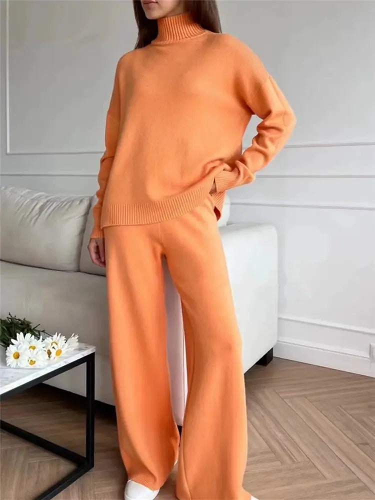 CozyNest Autumn Winter Two Piece Knitted Tracksuit Set With Turtleneck Sweater And Wide Leg Joggers For Women