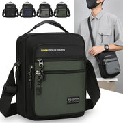 Men's Oxford crossbody bag with five color options; black bag features green front panel, multiple pockets, large capacity