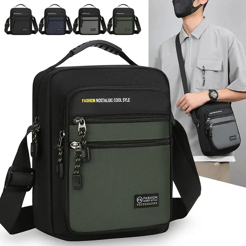 Men's Oxford crossbody bag with five color options; black bag features green front panel, multiple pockets, large capacity