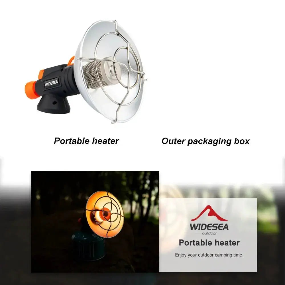 Widesea portable stainless steel camping heater with metal reflector and wire guard; includes outer packaging box