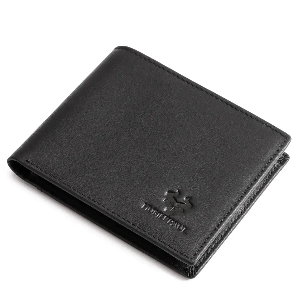 Leather wallet by HUMERPAUL in black with embossed logo.