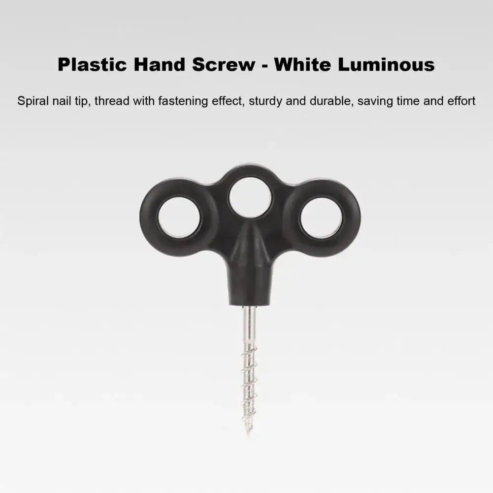 Black plastic hand screw tool with three finger loops and a spiral nail tip.