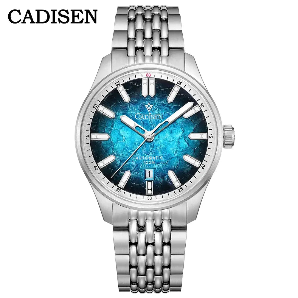 CADISEN automatic men's watch with blue dial, stainless steel bracelet, date window, 100m water resistance