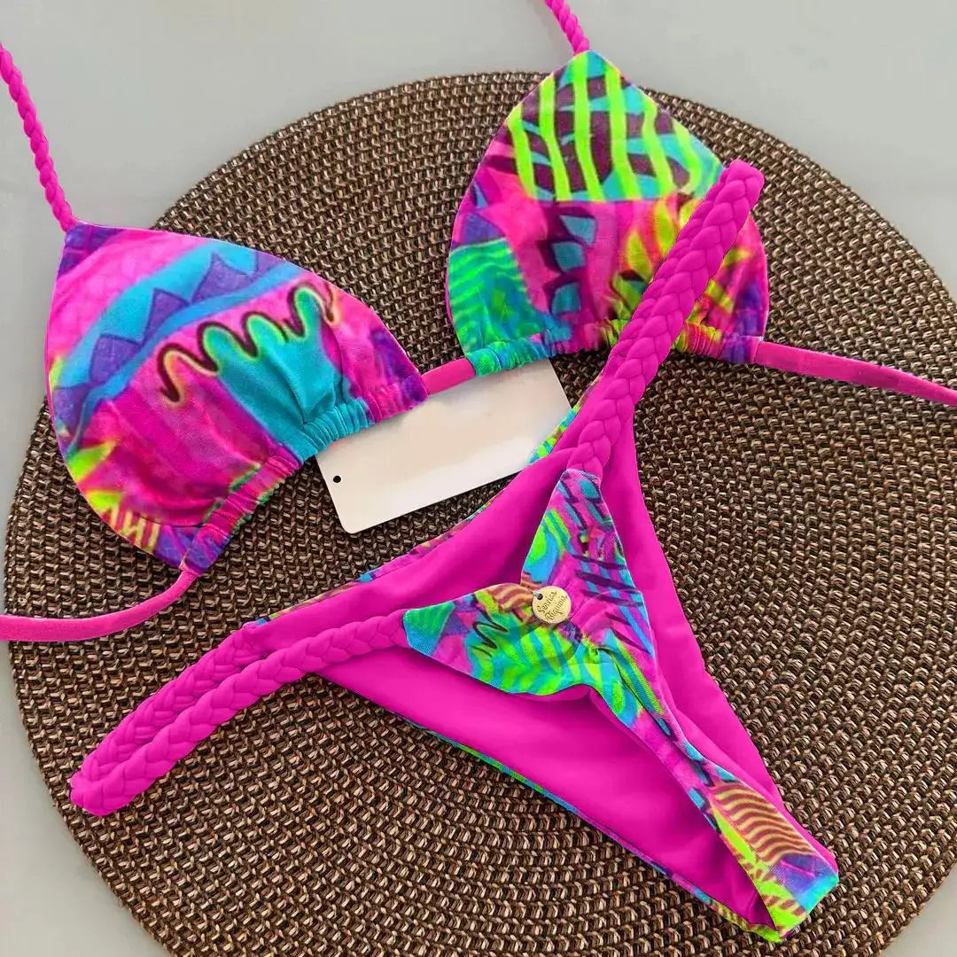 Simples Market women's neon pink split-print bikini set; 2-piece with braided straps and G-string bottom