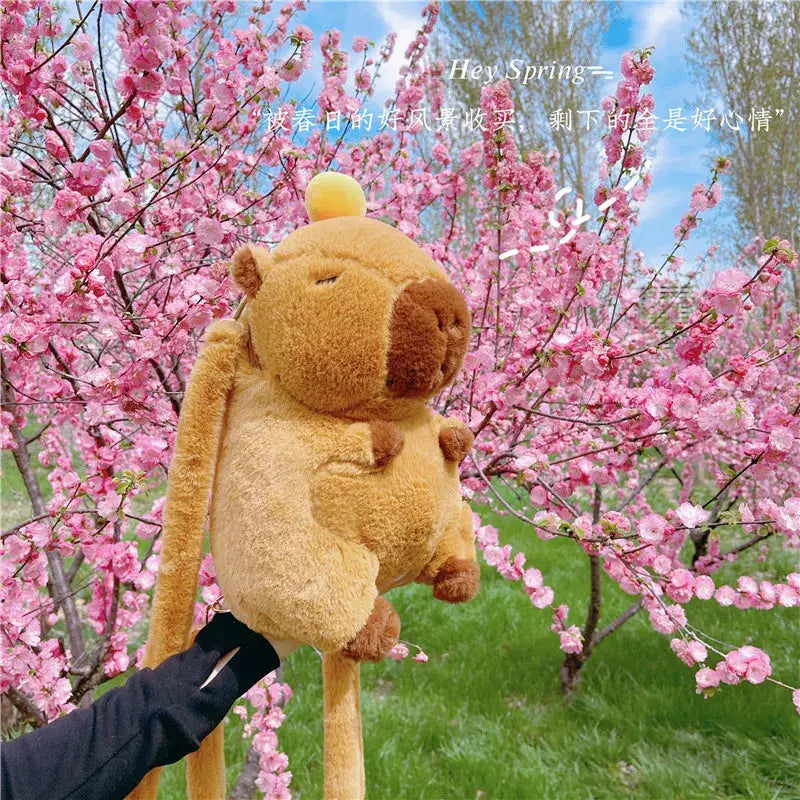 Capybara plush backpack with crossbody strap; tan soft fabric, kawaii bag for girls and kids